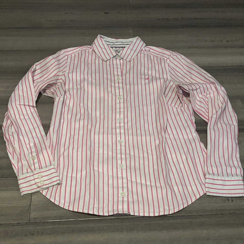 Nautica Pink and White Striped Button Down Shirt